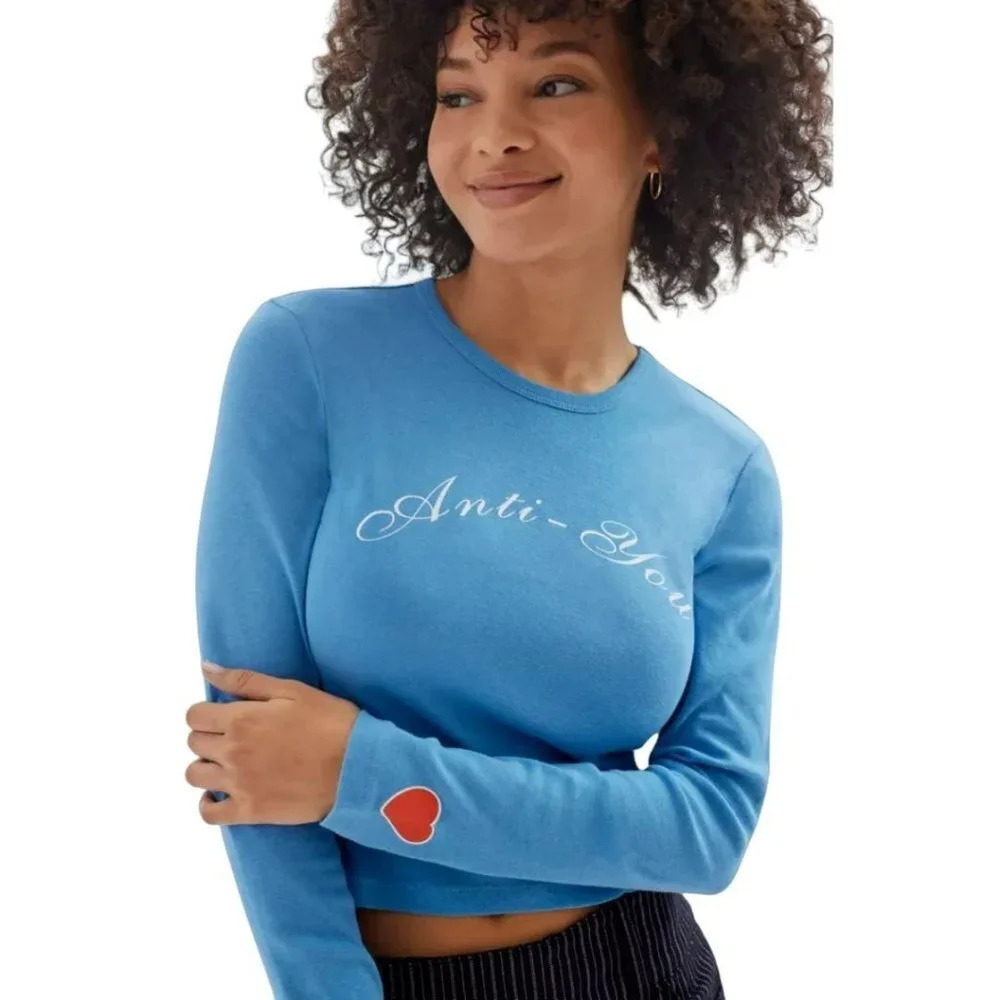 Urban Outfitters Anti-You Long Sleeve Baby Tee Blue Size Small Top NEW